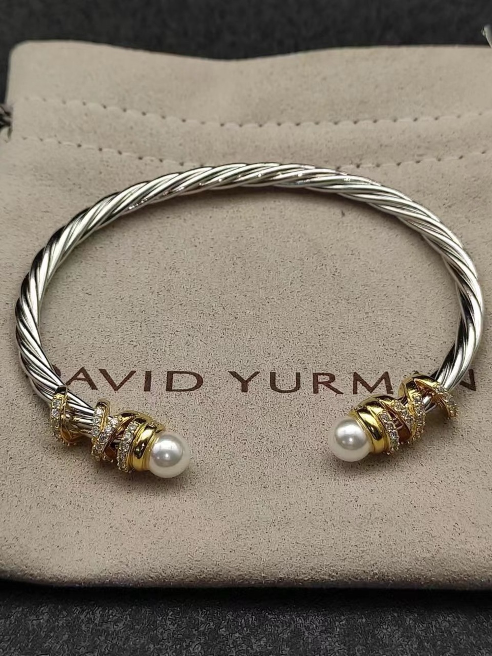 David Yurman Two-Tone Pearl and Pavé Cable Cuff Bracelet - Silver & Gold